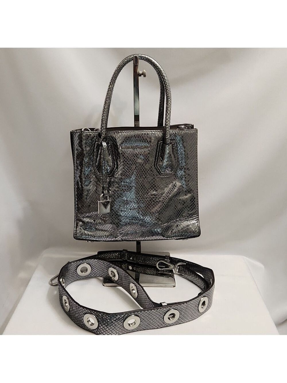 Michael Michael Kors Mercer Metallic Snake-Embossed-Leather Crossbody Hand Bag